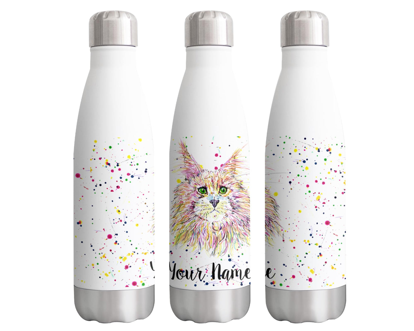 Maine Coon Personalised Custom Bottle with Your Text/Name Watercolour Kitten cat Animals Bottle Double Wall Insulated Stainless Steel Sport Drinks 500ml