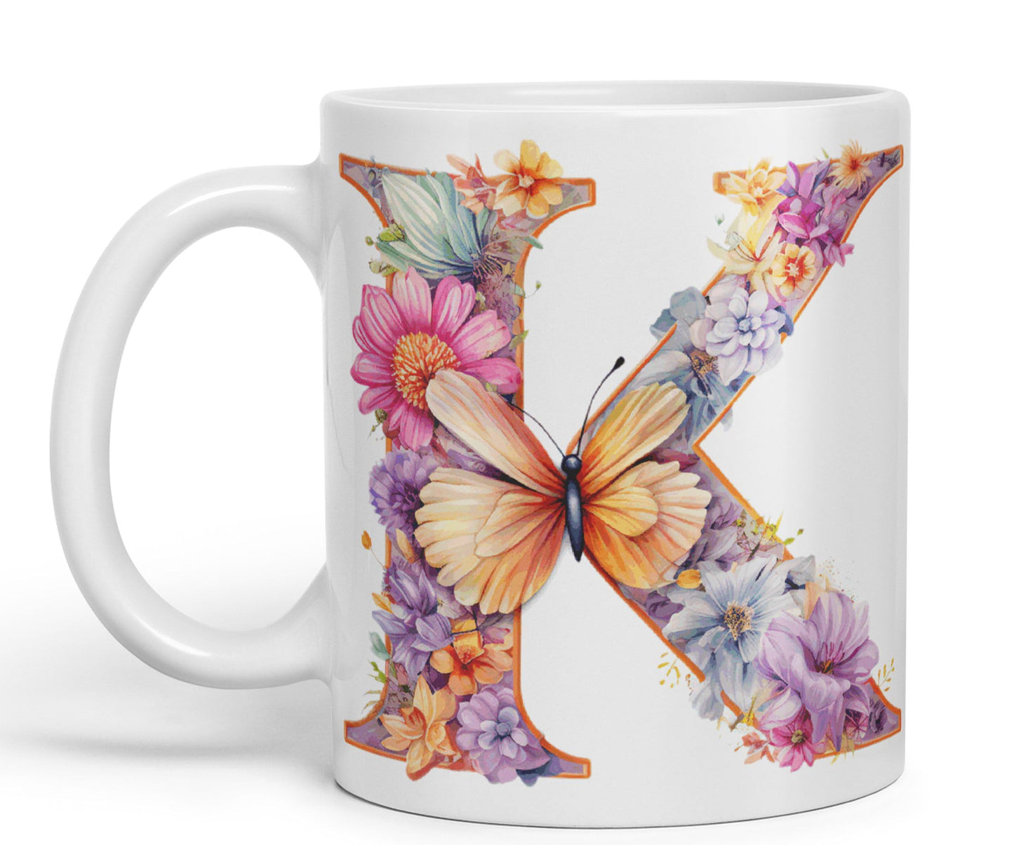 Letter K mug, Floral flowers butterfly Alphabet Letter K Monogram watercolour Ceramic Coloured Mug Cup for Tea Coffee Hot brew 330ml 11Oz Gift