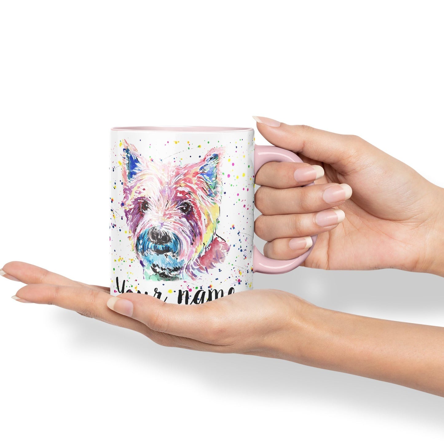 Personalised mug with Your Text name West Highland terrier Scottish animals Watercolour Art Coloured Ceramic Mug Cup Gift 330ml 11oz Custom Work Office Tea Coffee