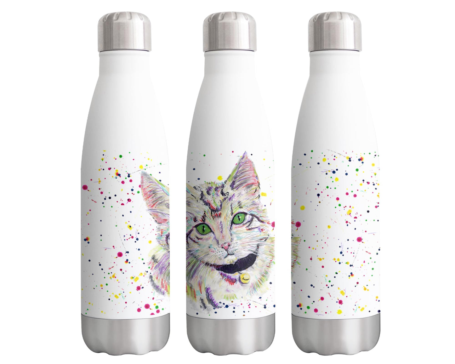 Vixar Cat Grey Kitten Pet Animals Watercolour Bottle double Wall insulated Stainless steel sport Drinks 500ml