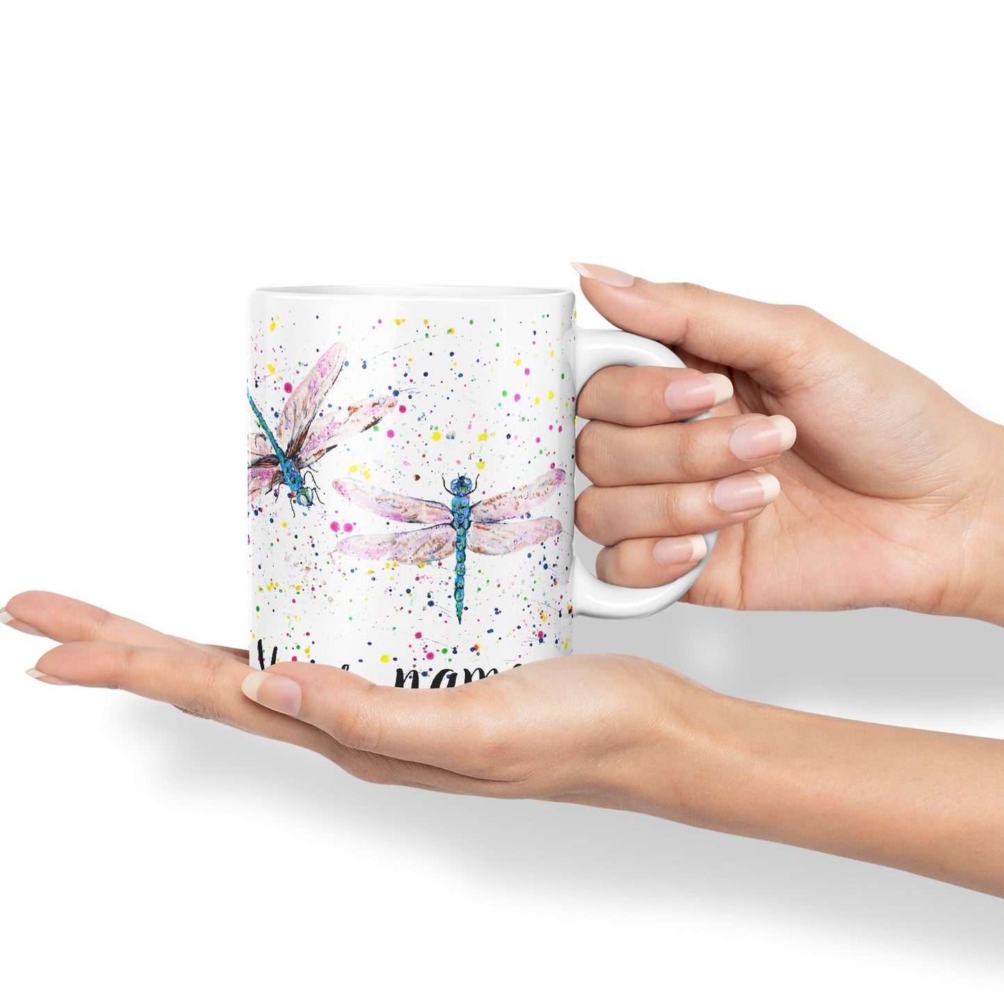 Vixar Personalised with Your Text Dragonflies Dragonfly Insect Animals Watercolour Art Coloured Ceramic Mug Cup Gift 330ml 11oz Custom Work Office Tea Coffee