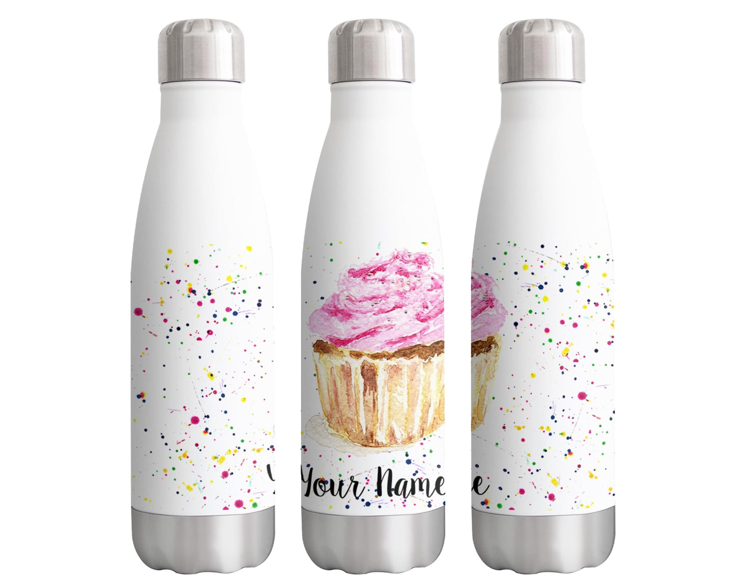 Vixar Cupcake Personalised Custom Bottle with your Text/name cake Watercolour Bottle Double Wall Insulated Stainless Steel Sport Drinks 500ml