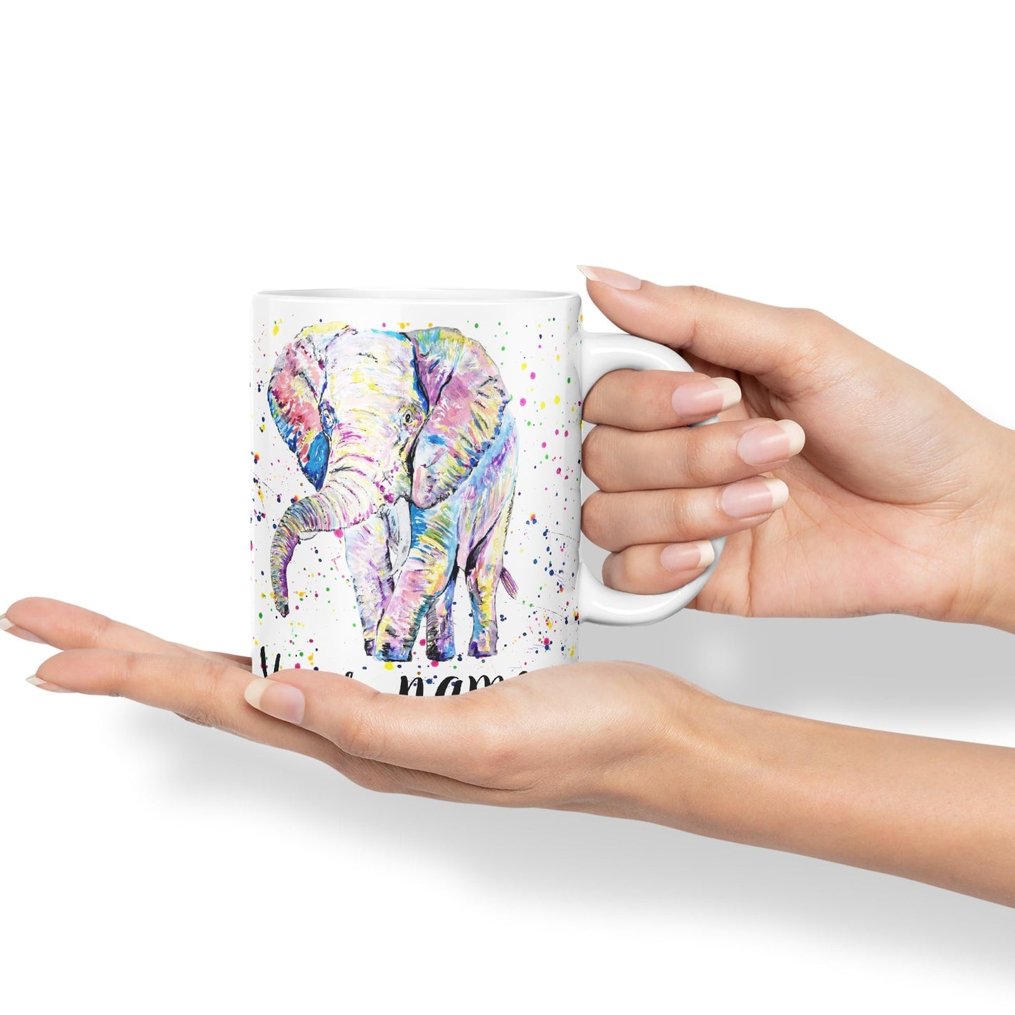 Vixar Personalised with Your Text Elephant Forward Facing Wild Animals Watercolour Art Coloured Ceramic Mug Cup Gift 330ml 11oz Custom Work Office Tea Coffee