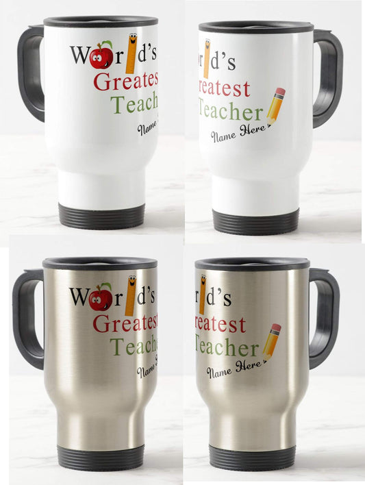 Teacher Travel Mug - Thank You, Personalised Mug Customised with Name, World's Greatest Teacher Teacher Gift from Kids, School Gift (Silver)