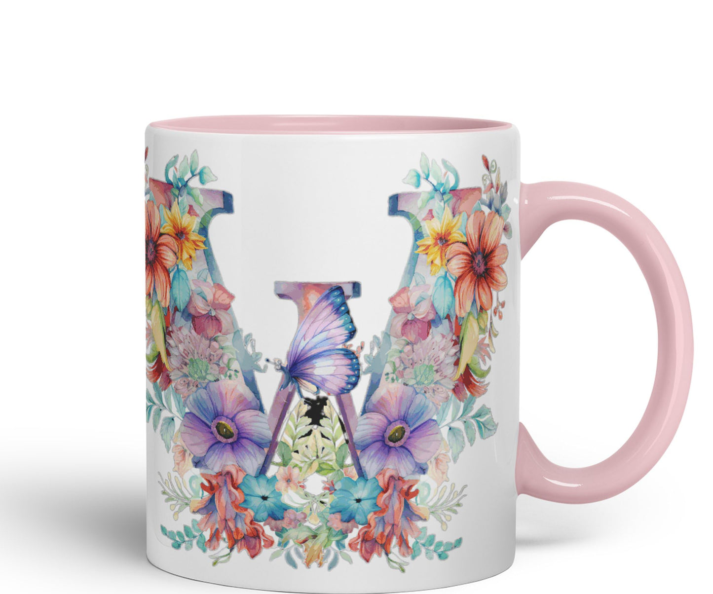 Letter W mug, Floral flowers butterfly Alphabet Letter W Monogram watercolour Ceramic Coloured Mug Cup for Tea Coffee Hot brew 330ml 11Oz