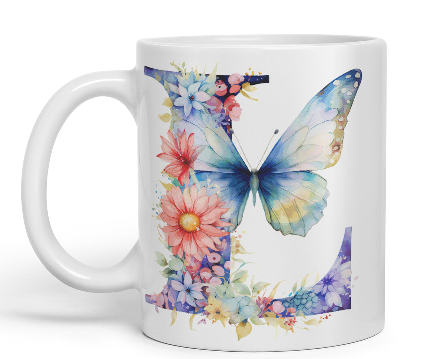 Letter L mug, Floral flowers butterfly Alphabet Letter L Monogram watercolour Ceramic Coloured Mug Cup for Tea Coffee Hot brew 330ml 11Oz Gift
