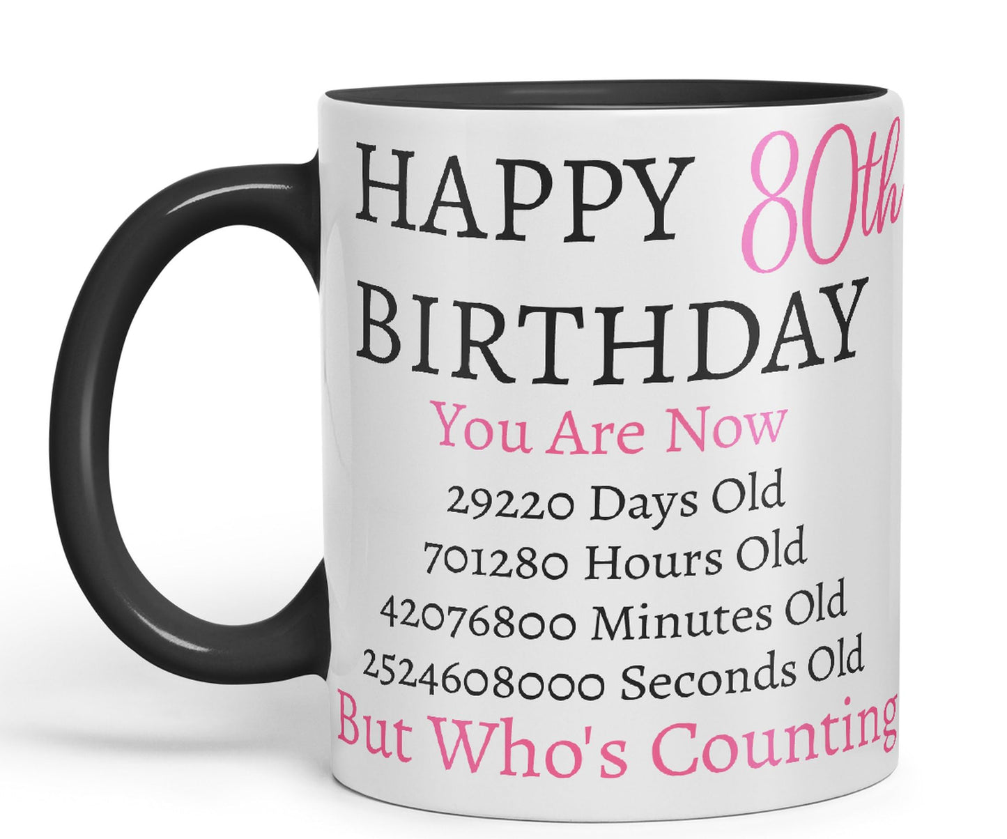 Vixar But Who's Counting Happy 80th Birthday Ceramic Coloured Mug Cup Gift Days Hours Minutes (Pink)