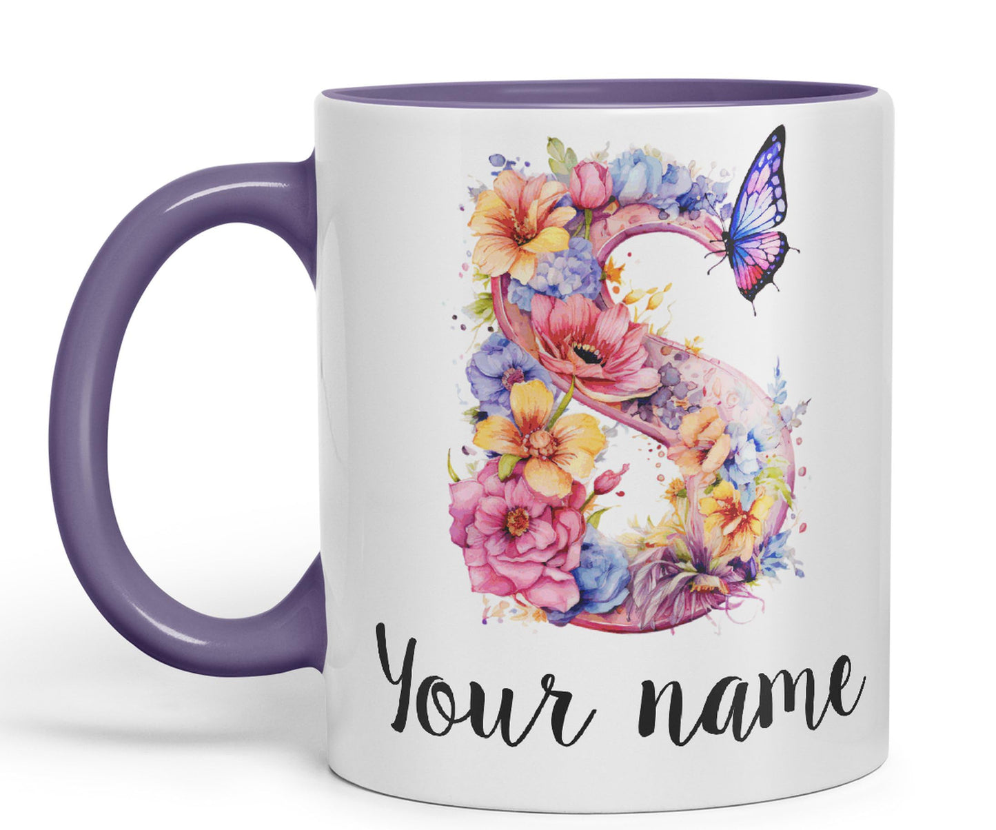 Personalised Letter S mug, Customized Custom Floral flowers butterfly Alphabet Letter S Monogram watercolour Ceramic Coloured Mug Cup for Tea Coffee Hot brew 330ml 11Oz Gift