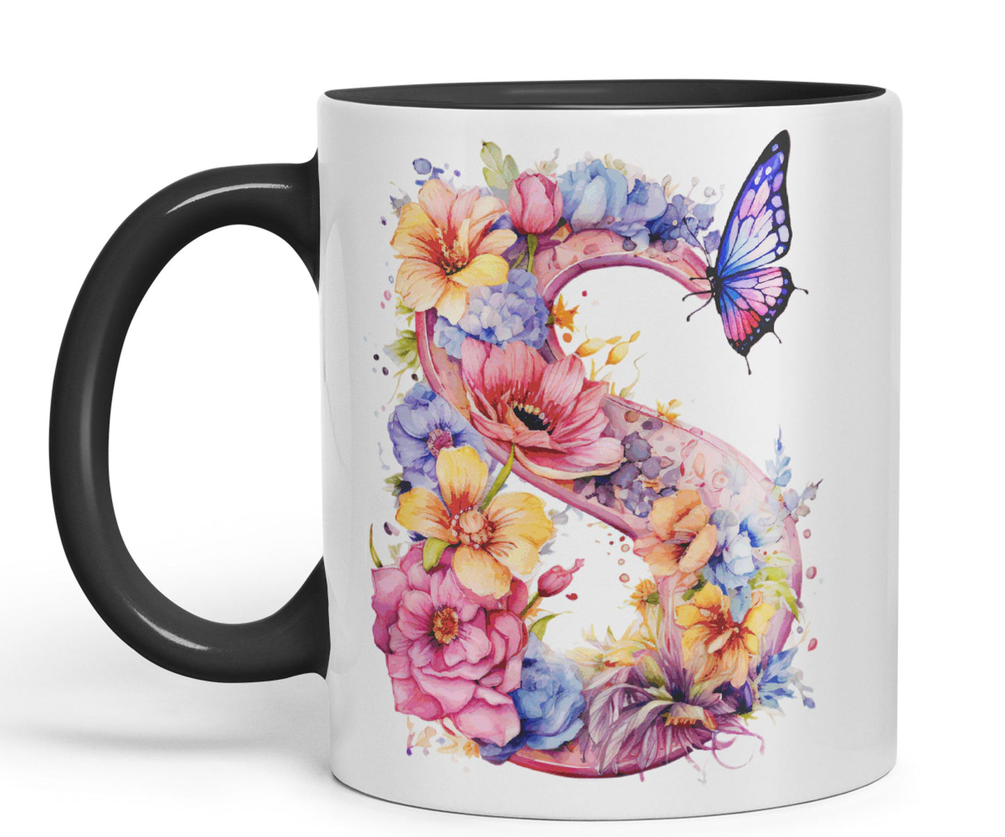 Letter S mug, Floral flowers butterfly Alphabet Letter S Monogram watercolour Ceramic Coloured Mug Cup for Tea Coffee Hot brew 330ml 11Oz Gift