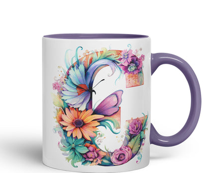 Letter C mug, Floral flowers butterfly Alphabet Letter C Monogram watercolour Ceramic Coloured Mug Cup for Tea Coffee Hot brew 330ml 11Oz Gift