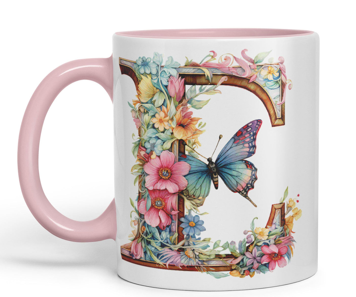 Letter E mug, Floral flowers butterfly Alphabet Letter E Monogram watercolour Ceramic Coloured Mug Cup for Tea Coffee Hot brew 330ml 11Oz Gift