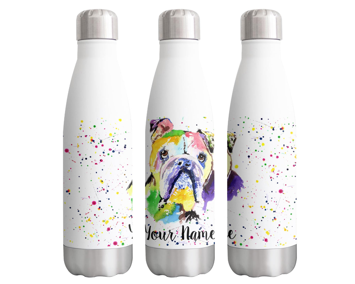 Vixar Bully British Bulldog Personalised Custom Bottle with your Text/name Dog Pet Watercolour Animals Bottle Double Wall Insulated Stainless Steel Sport Drinks 500ml