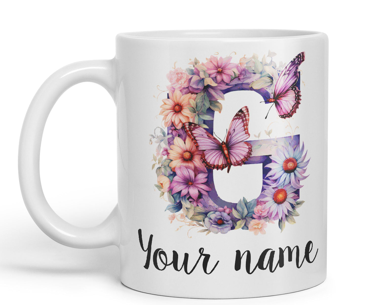 Personalised Letter G mug, Customized Custom Floral flowers butterfly Alphabet Letter G Monogram watercolour Ceramic Coloured Mug Cup for Tea Coffee Hot brew 330ml 11Oz Gift