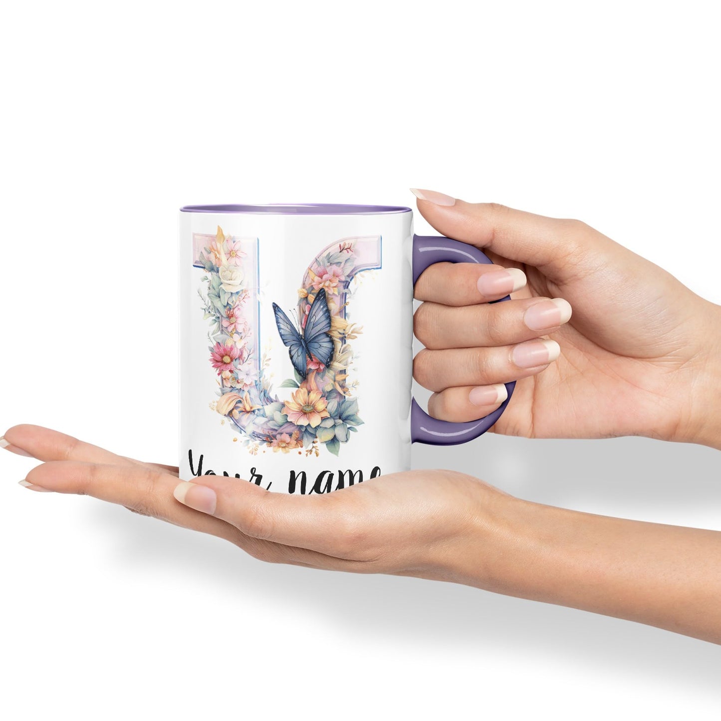 Personalised Letter U mug, Customized Custom Floral flowers butterfly Alphabet Letter U Monogram watercolour Ceramic Coloured Mug Cup for Tea Coffee Hot brew 330ml 11Oz Gift