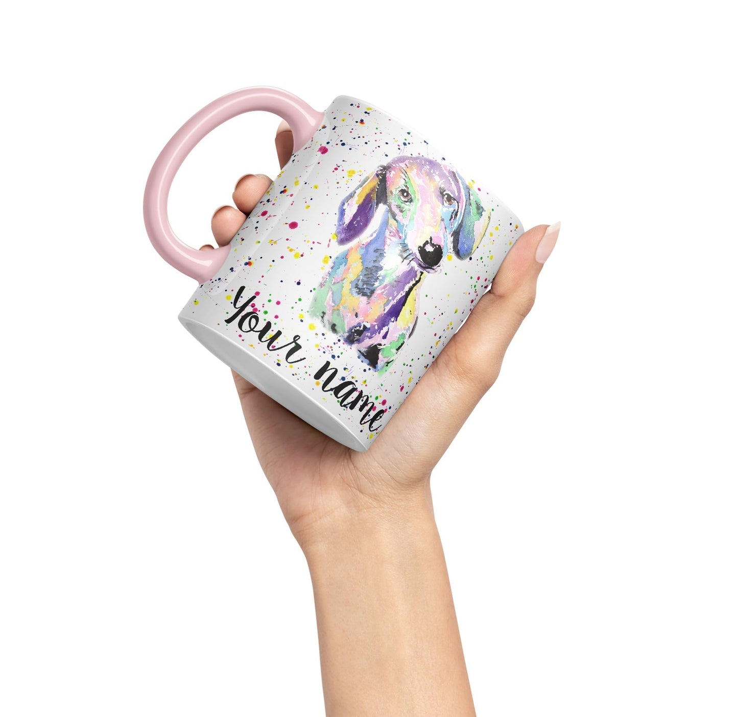 Vixar Personalised with Your Text Dachshund Sausage Dog Wiener Badger Pet Watercolour Art Coloured Ceramic Mug Cup Gift 330ml 11oz Custom Work Office Tea Coffee