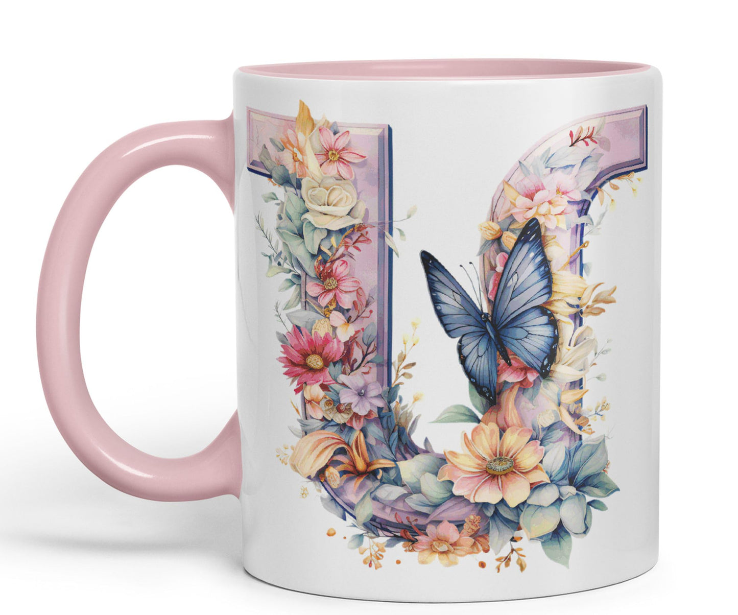 Letter U mug, Floral flowers butterfly Alphabet Letter U Monogram watercolour Ceramic Coloured Mug Cup for Tea Coffee Hot brew 330ml 11Oz Gift