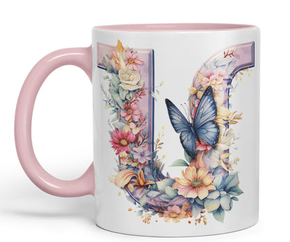Letter U mug, Floral flowers butterfly Alphabet Letter U Monogram watercolour Ceramic Coloured Mug Cup for Tea Coffee Hot brew 330ml 11Oz Gift