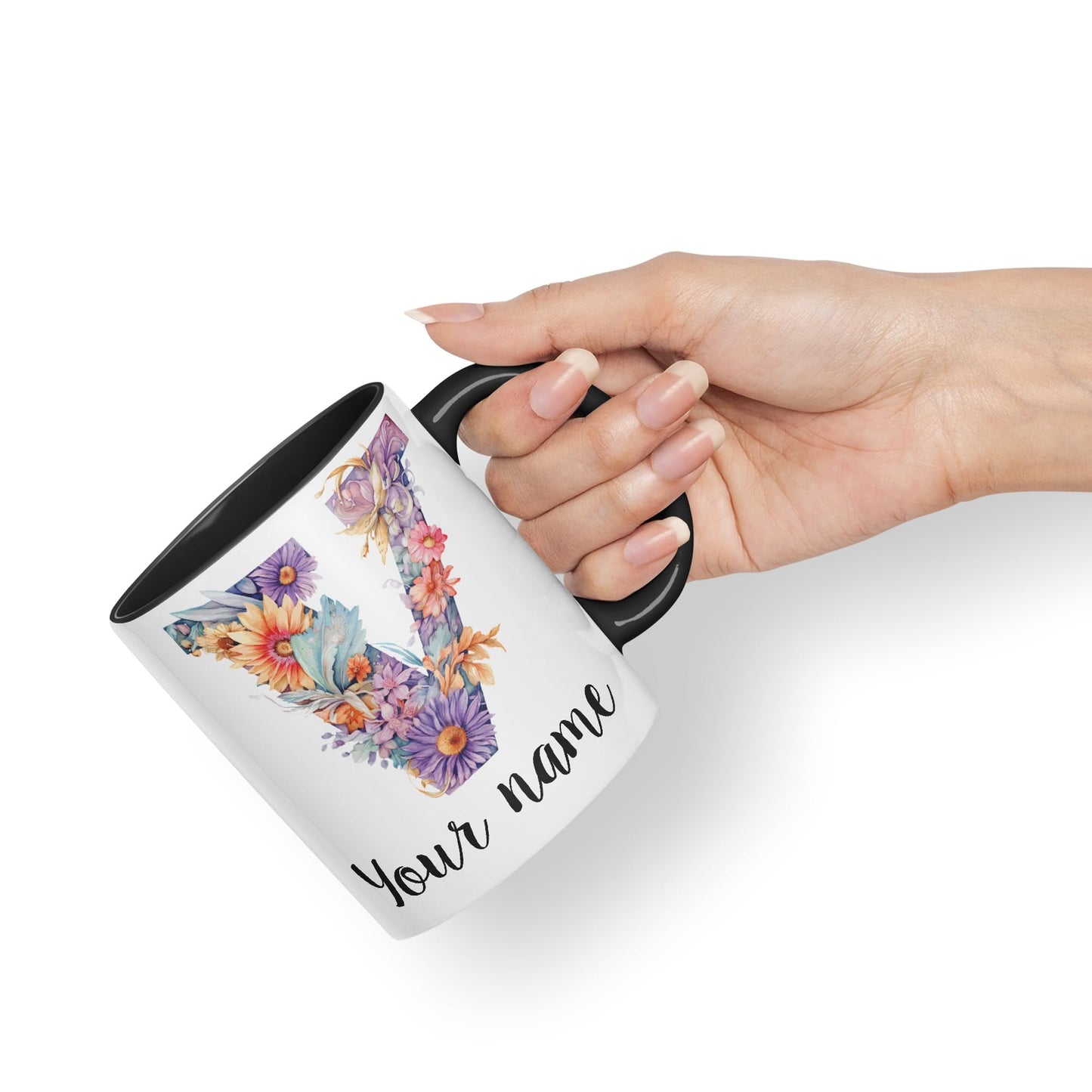 Personalised Letter V mug, Customized Custom Floral flowers butterfly Alphabet Letter V Monogram watercolour Ceramic Coloured Mug Cup for Tea Coffee Hot brew 330ml 11Oz Gift