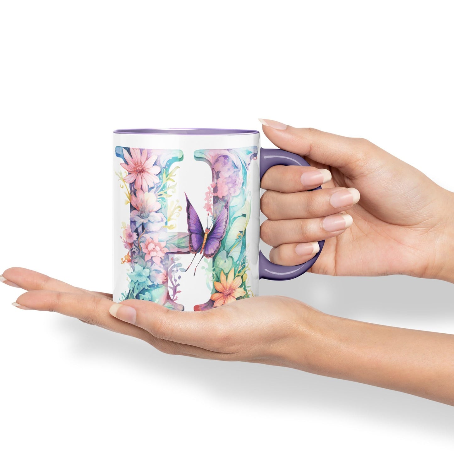 Letter H mug, Floral flowers butterfly Alphabet Letter H Monogram watercolour Ceramic Coloured Mug Cup for Tea Coffee Hot brew 330ml 11Oz Gift