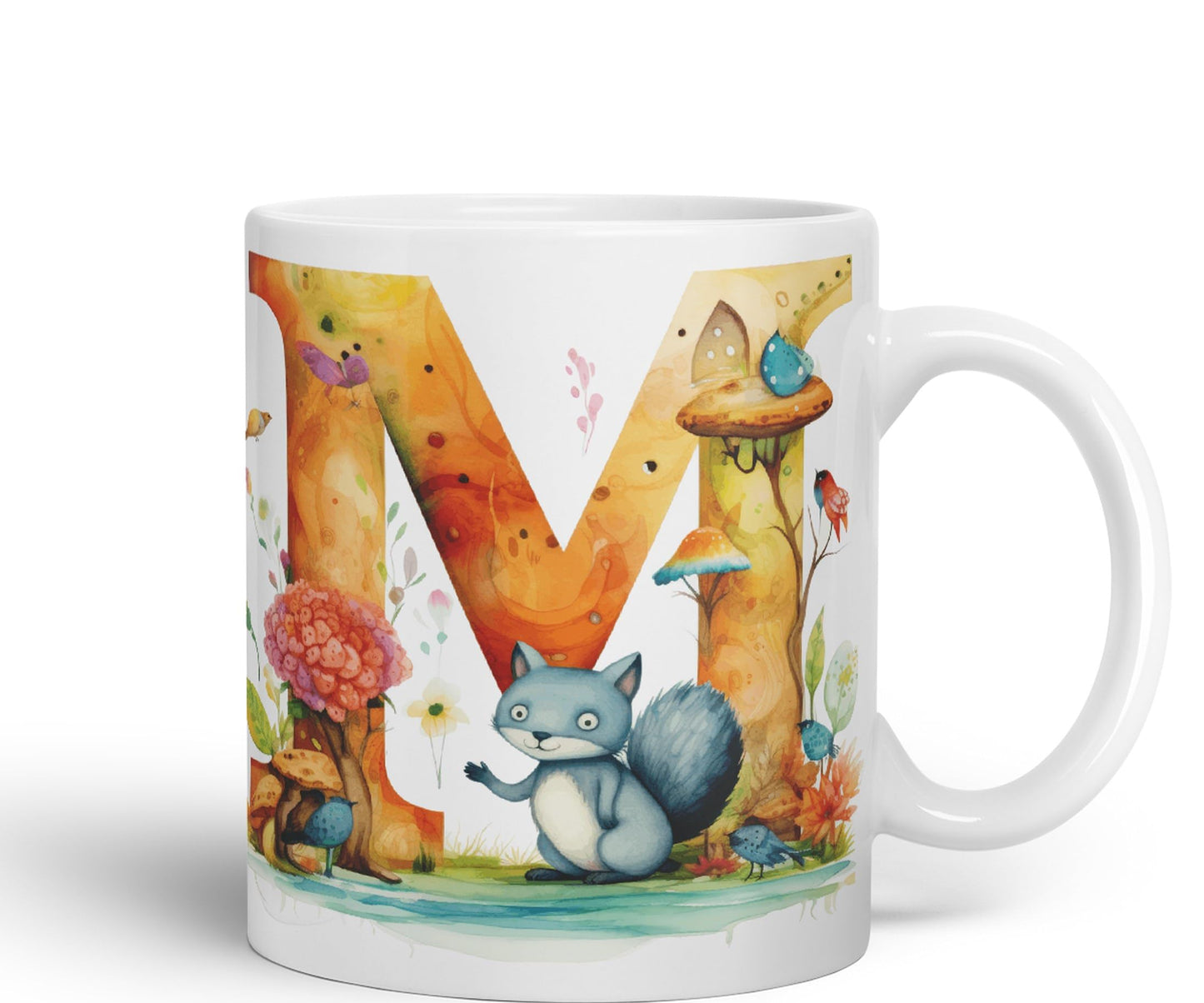 Letter M mug, Animals Alphabet Letter M Monogram animal for kids Ceramic Coloured Mug Cup for Tea Coffee Hot brew 330ml 11Oz Gift