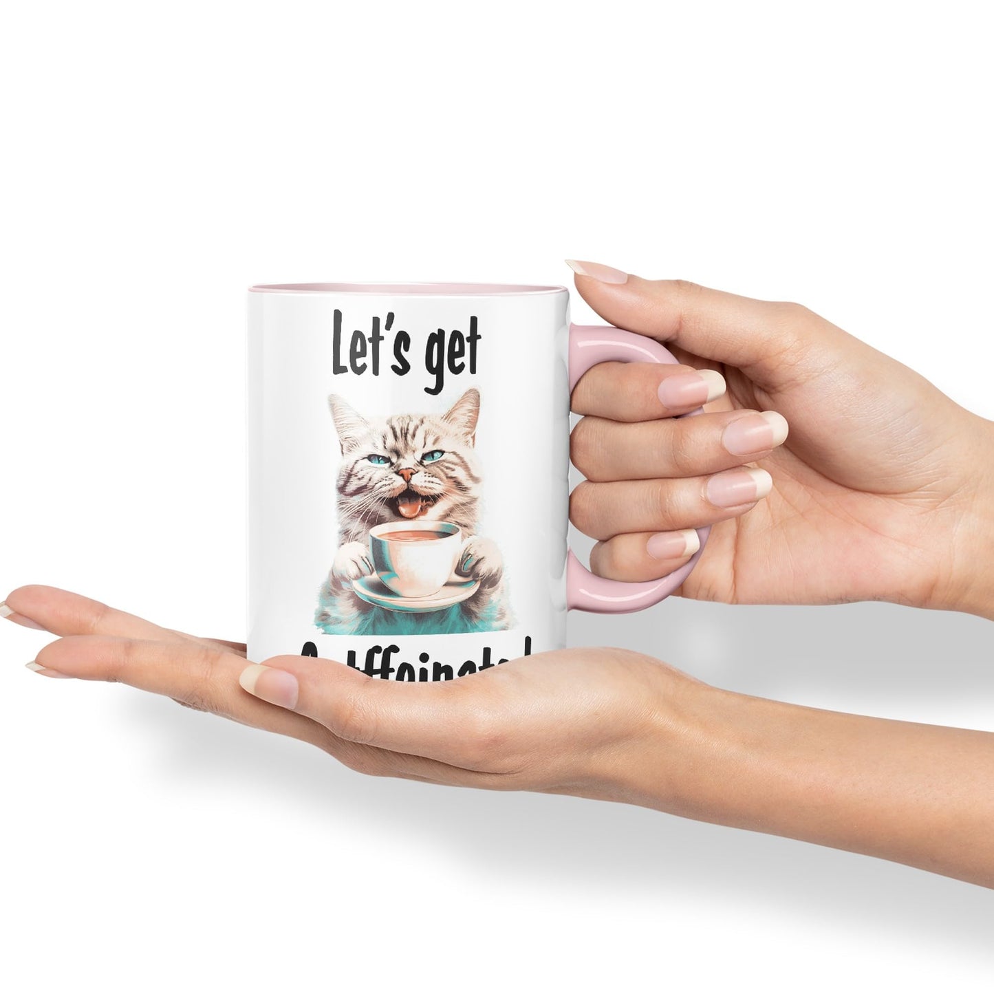 Let's get Caffeinated cat Kitten Joke sarkasm Sarcastic Ceramic Coloured Mug Cup for Tea Coffee Hot Brew 330ml 11Oz Gift