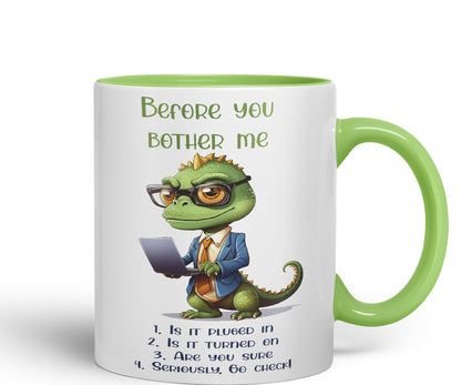 Before You Bother me Crocodile Joke sarkasm Sarcastic Ceramic Coloured Mug Cup for Tea Coffee Hot Brew 330ml 11Oz Gift