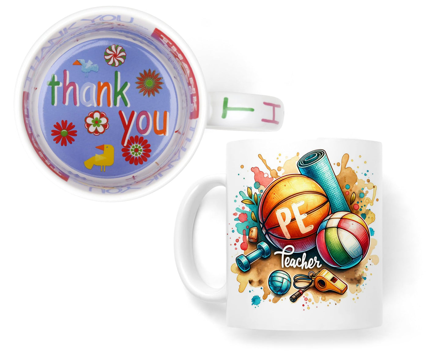 Vixar PE Teacher Mug Thank You, End of School Gift Ceramic Coloured Mug Cup for Tea Coffee Hot Brew 330ml 11Oz Gift