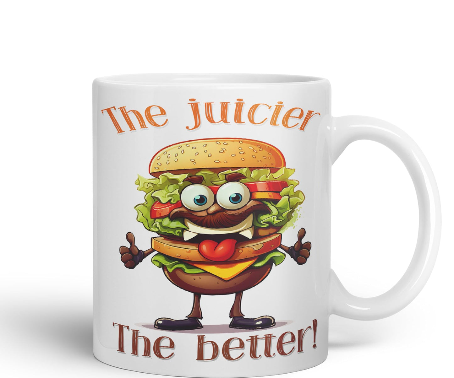 The Juicier The Better Burger, Joke sarkasm Sarcastic Ceramic Coloured Mug Cup for Tea Coffee Hot Brew 330ml 11Oz Gift