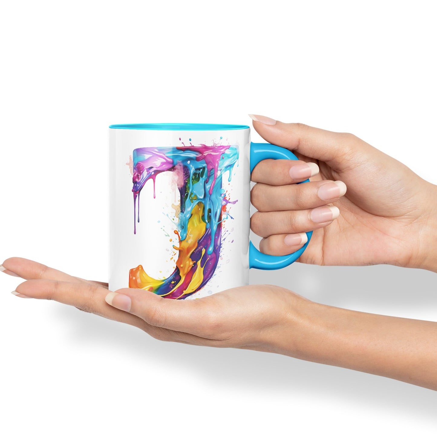 Letter J mug, Alphabet Letter J Monogram watercolour Ceramic Coloured Mug Cup for Tea Coffee Hot brew 330ml 11Oz Gift
