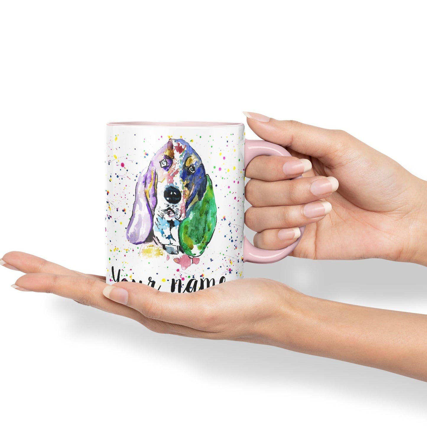 Personalised mug with Your Text name Basset Hound Hunting Dog Pet animals Watercolour Art Coloured Ceramic Mug Cup Gift 330ml 11oz Custom Work Office Tea Coffee