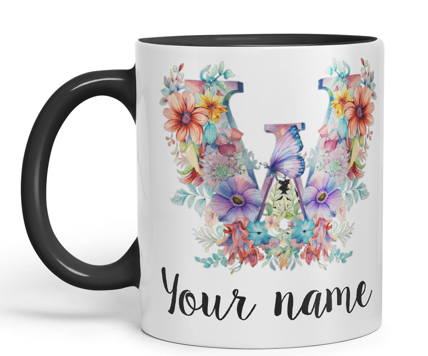 Personalised Letter W mug, Customized Custom Floral flowers butterfly Alphabet Letter W Monogram watercolour Ceramic Coloured Mug Cup for Tea Coffee Hot brew 330ml 11Oz Gift