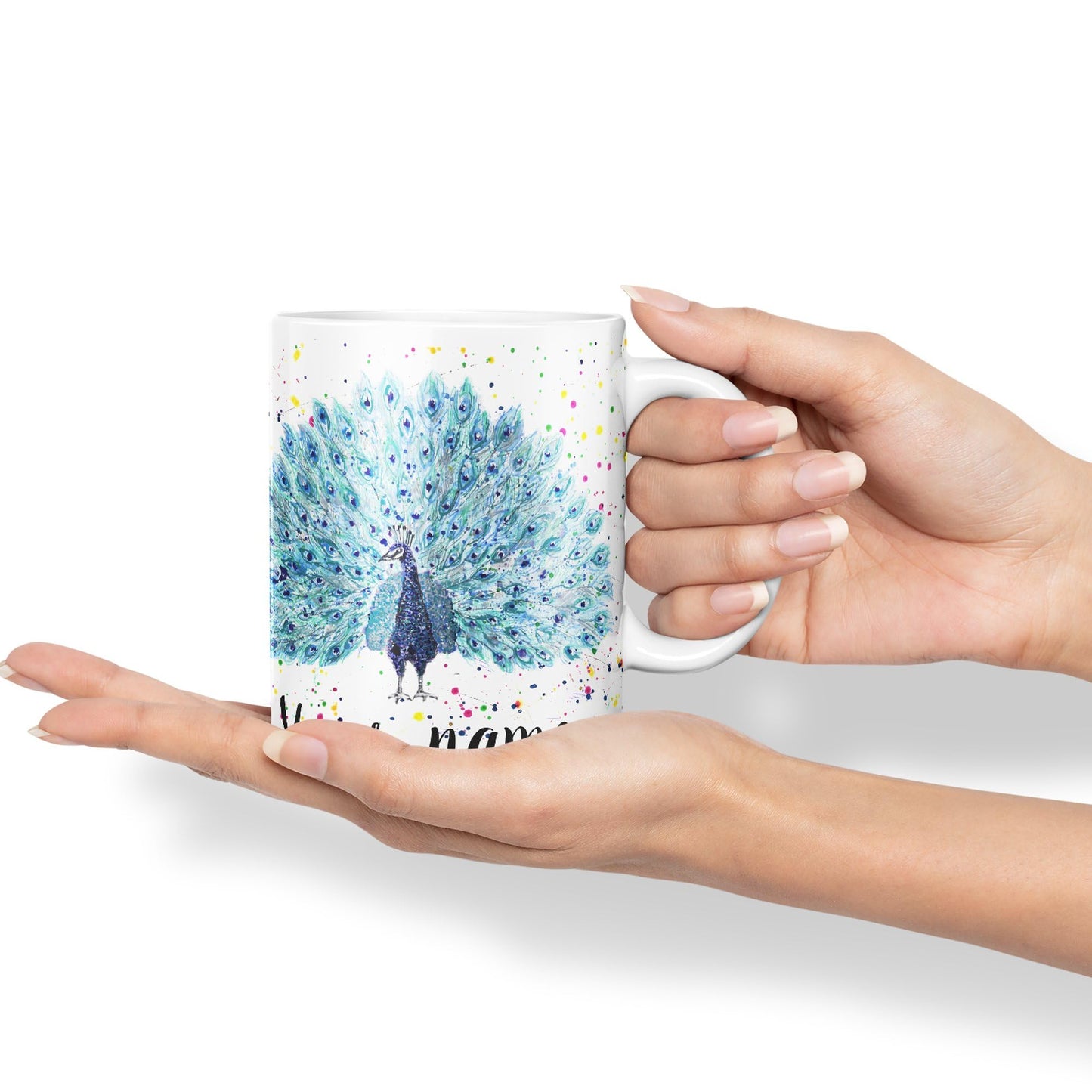 Vixar Personalised with Your Text Peacock Peafowl Bird Watercolour Art Coloured Ceramic Mug Cup Gift 330ml 11oz Custom Work Office Tea Coffee (O2)