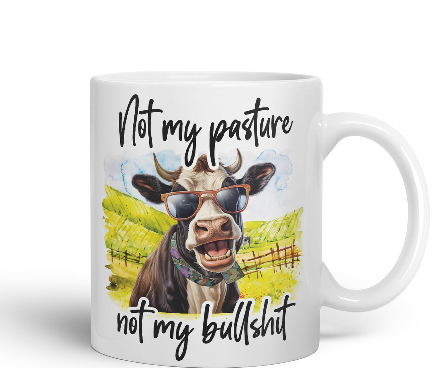 Not My Pasture, not My Bullshit Cow Joke sarkasm Sarcastic Ceramic Coloured Mug Cup for Tea Coffee Hot Brew 330ml 11Oz Gift