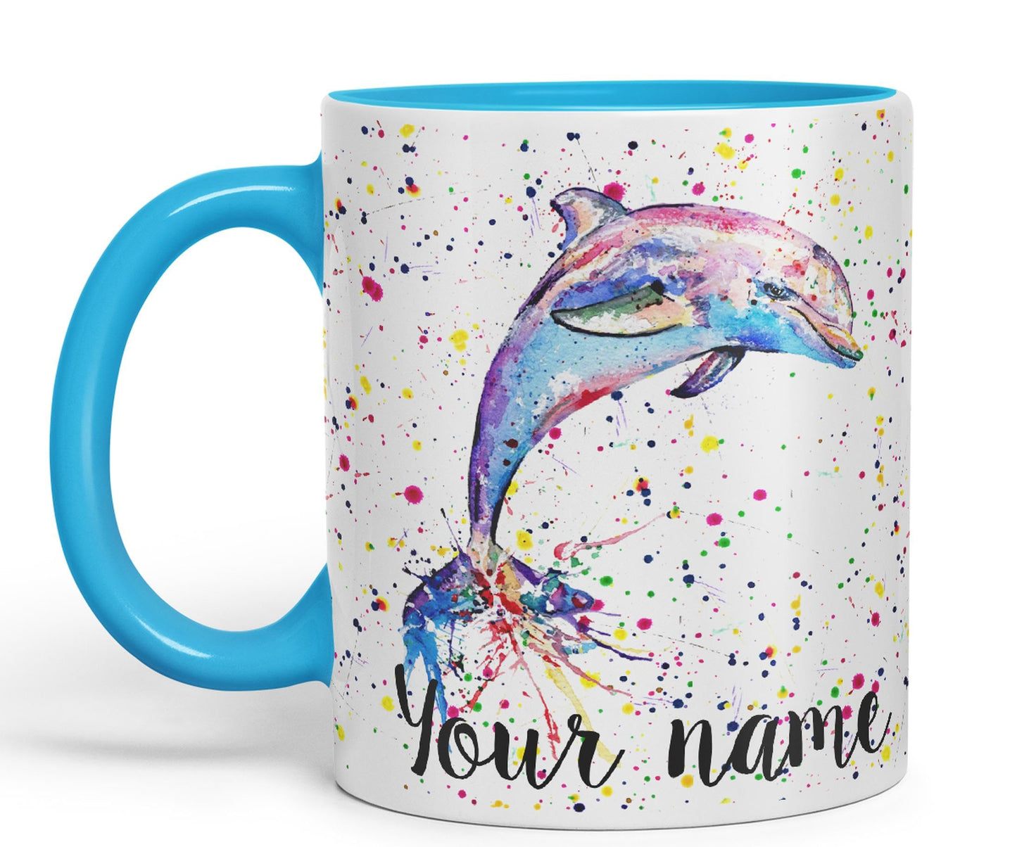 Vixar Personalised with Your Text Dolphin Sea Animal Watercolour Art Coloured Ceramic Mug Cup Gift 330ml 11oz Custom Work Office Tea Coffee