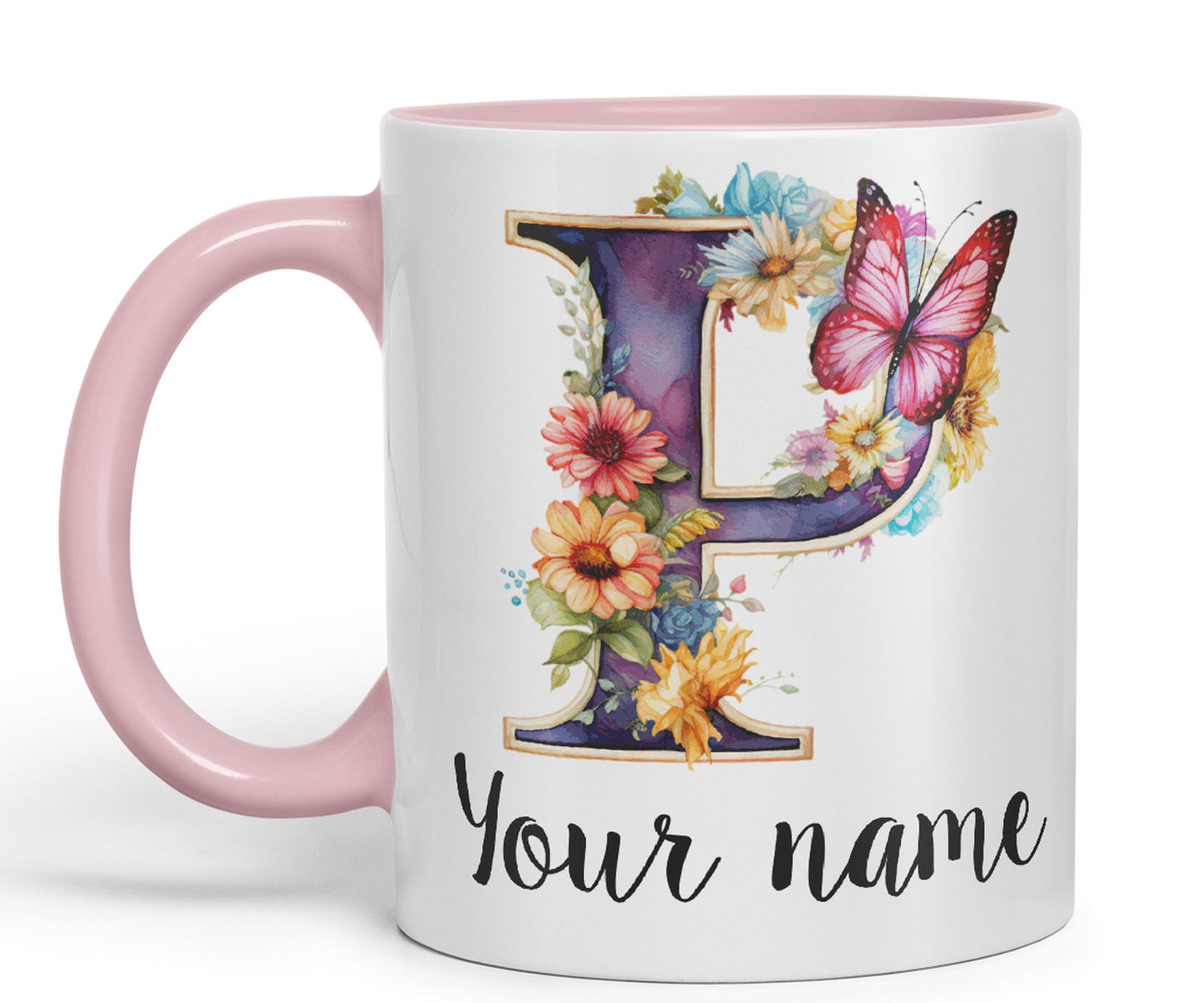 Personalised Letter P mug, Customized Custom Floral flowers butterfly Alphabet Letter P Monogram watercolour Ceramic Coloured Mug Cup for Tea Coffee Hot brew 330ml 11Oz Gift