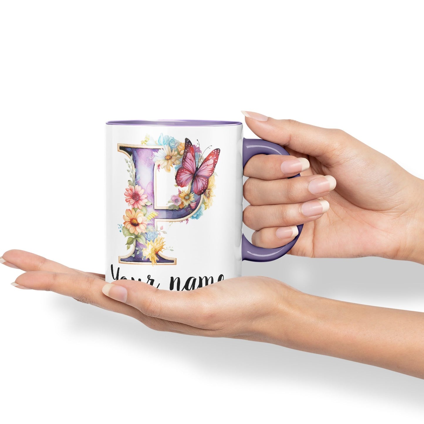 Personalised Letter P mug, Customized Custom Floral flowers butterfly Alphabet Letter P Monogram watercolour Ceramic Coloured Mug Cup for Tea Coffee Hot brew 330ml 11Oz Gift