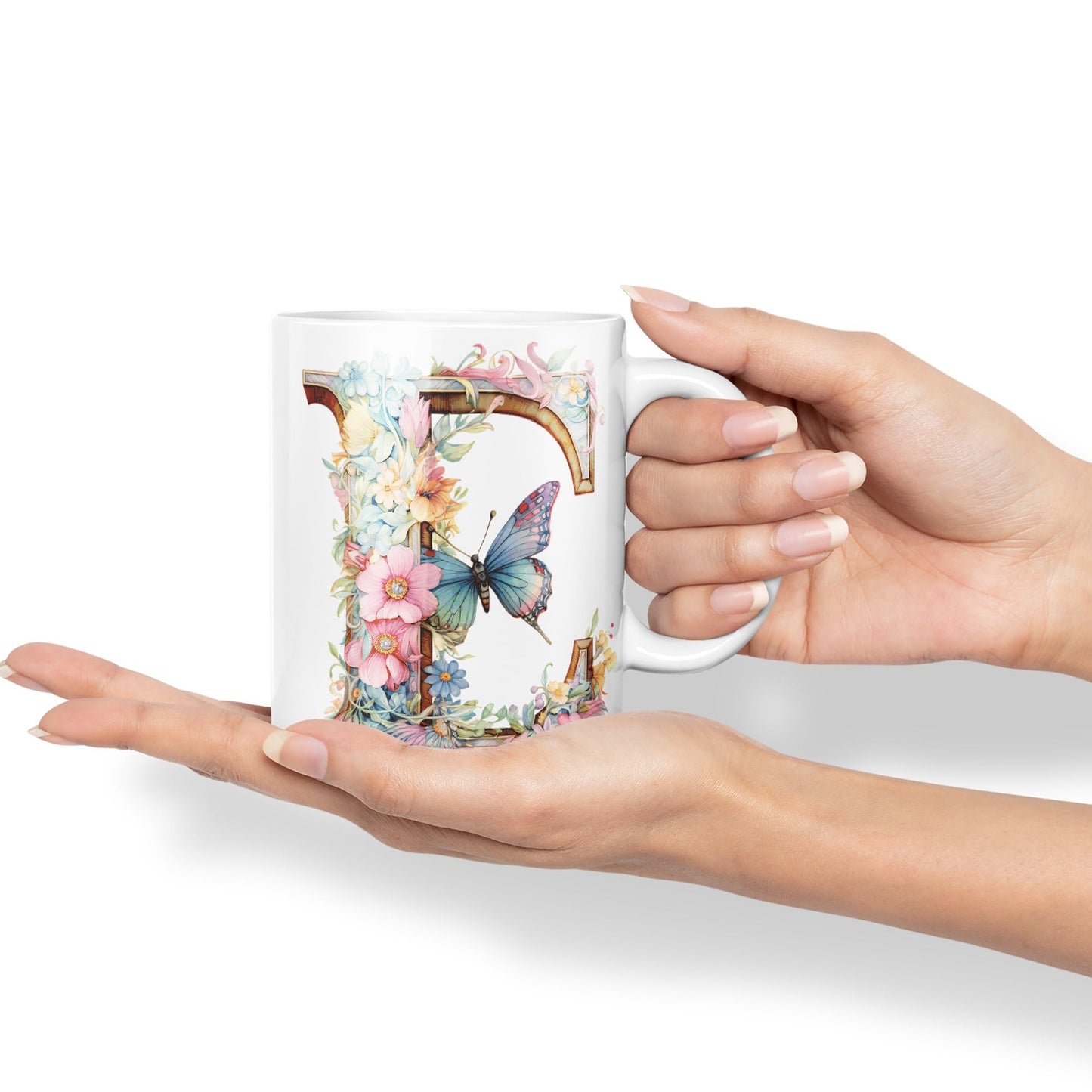 Letter E mug, Floral flowers butterfly Alphabet Letter E Monogram watercolour Ceramic Coloured Mug Cup for Tea Coffee Hot brew 330ml 11Oz Gift