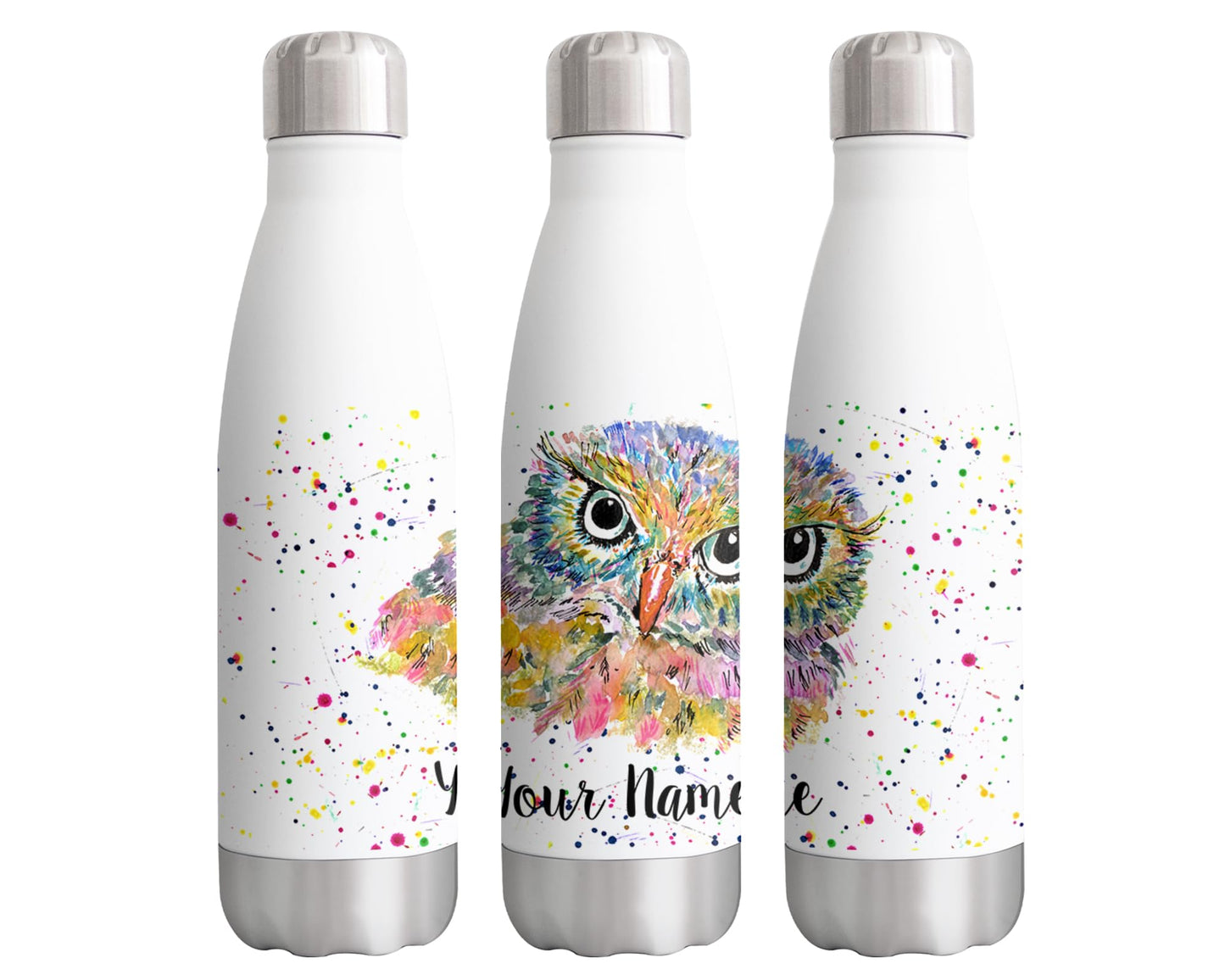 Vixar Owl Personalised Custom Bottle with your Text/name Watercolour owls Bird Animals Bottle Double Wall Insulated Stainless Steel Sport Drinks 500ml V1