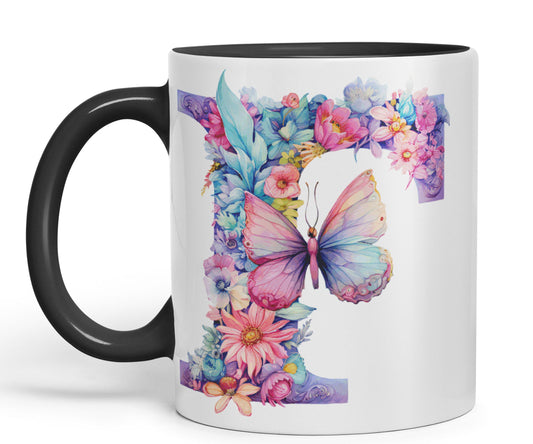 Letter F mug, Floral flowers butterfly Alphabet Letter F Monogram watercolour Ceramic Coloured Mug Cup for Tea Coffee Hot brew 330ml 11Oz Gift