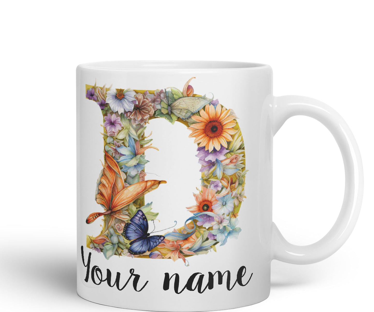 Personalised Letter D mug, Customized Custom Floral flowers butterfly Alphabet Letter D Monogram watercolour Ceramic Coloured Mug Cup for Tea Coffee Hot brew 330ml 11Oz Gift