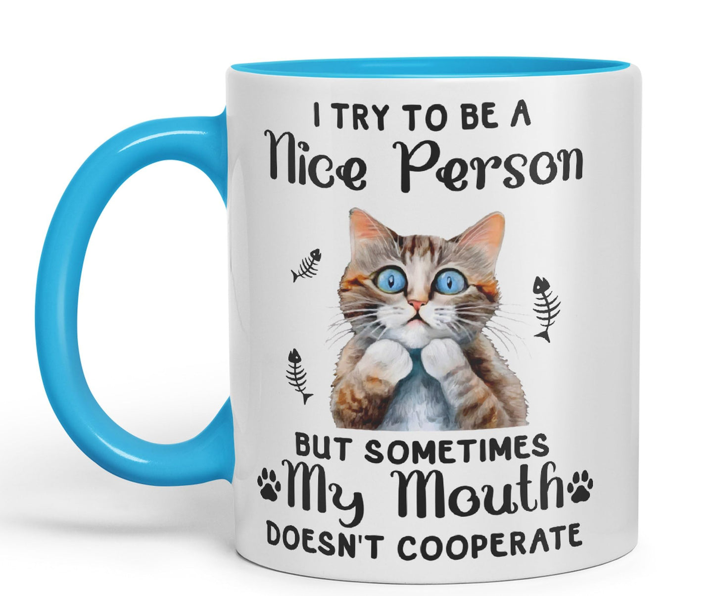 Vixar I Try to be a Nice Person but Sometimes My Mouth .. Cats Sarcastic Joke Ceramic Coloured Mug Cup for Tea Coffee Hot Brew 330ml 11Oz
