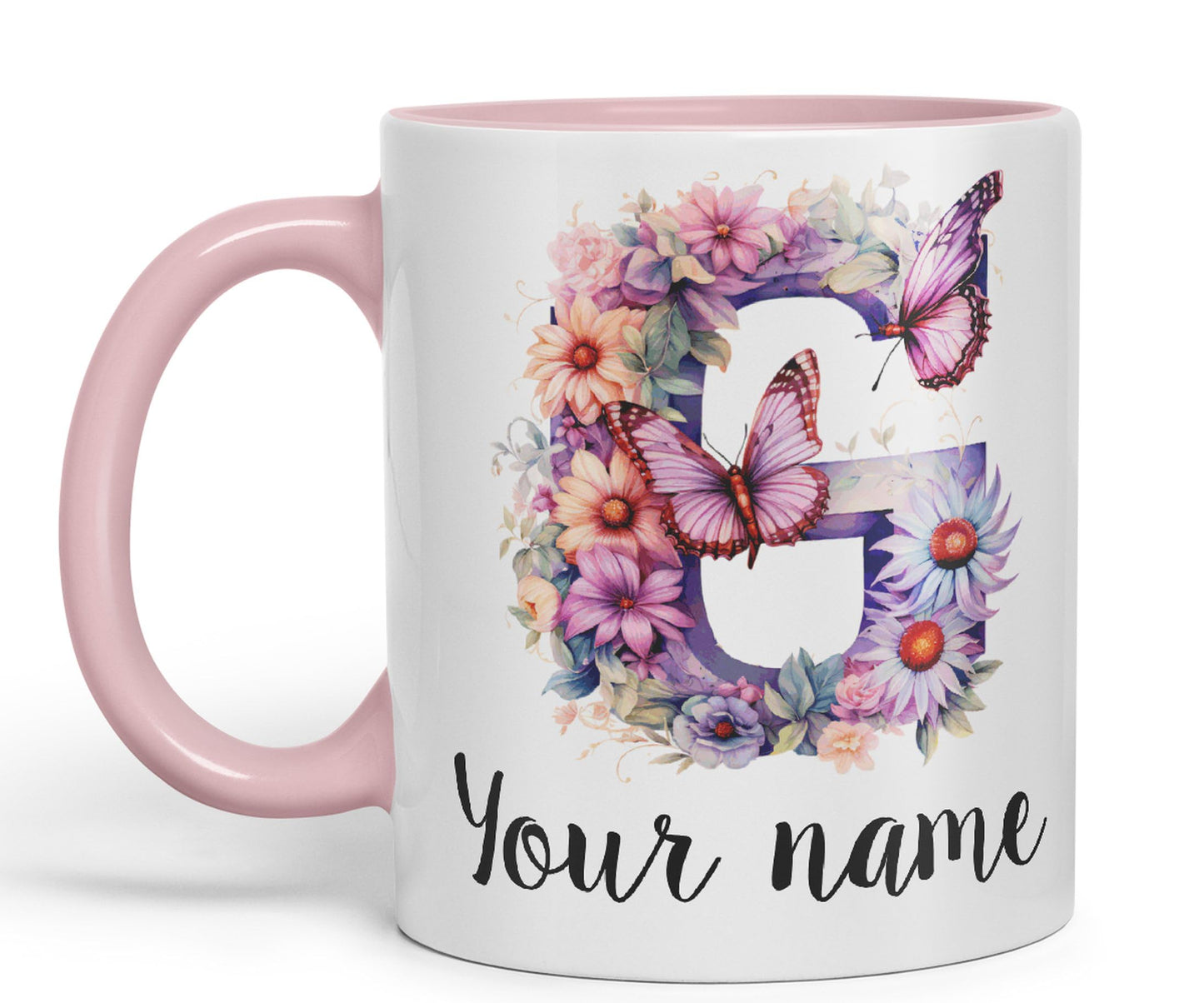 Personalised Letter G mug, Customized Custom Floral flowers butterfly Alphabet Letter G Monogram watercolour Ceramic Coloured Mug Cup for Tea Coffee Hot brew 330ml 11Oz Gift