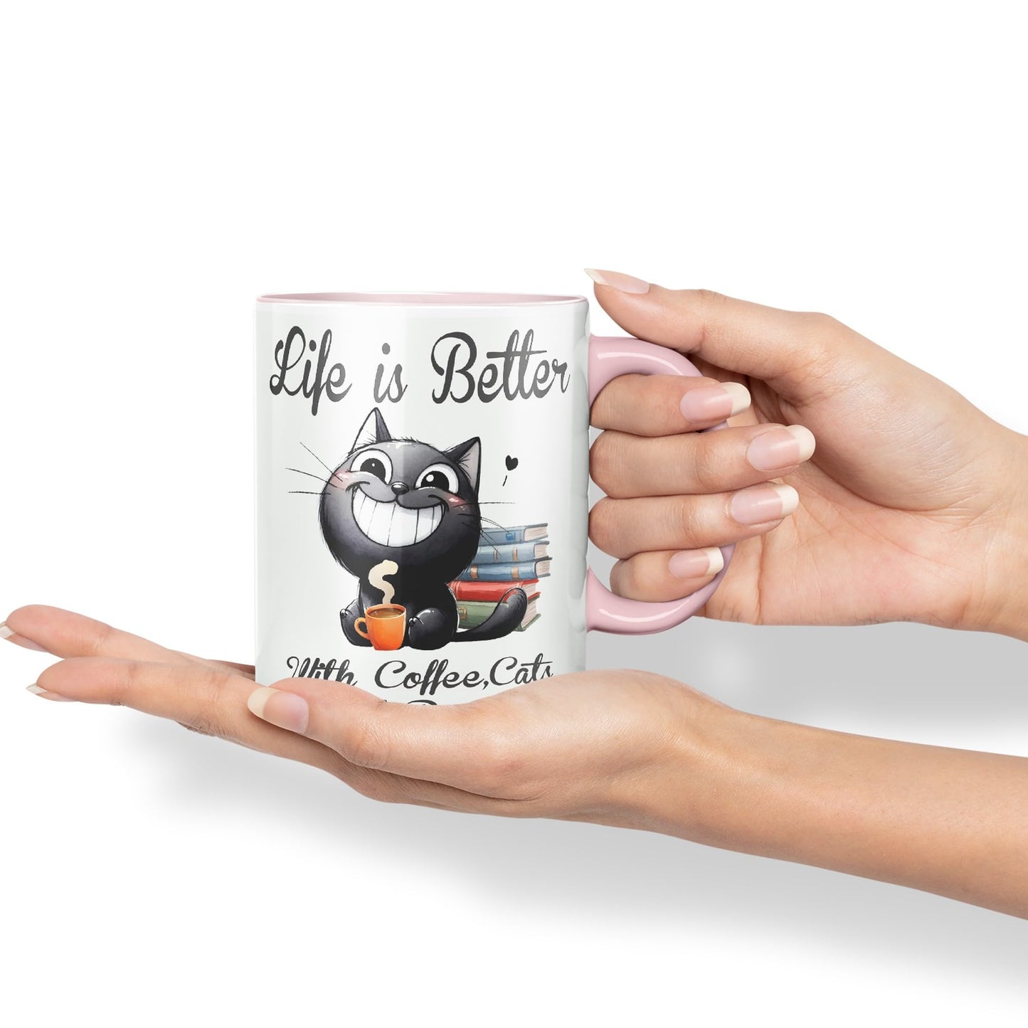 Life is Better with Coffee, Cats and Books, Cat Kitten Joke sarkasm Sarcastic Ceramic Coloured Mug Cup for Tea Coffee Hot Brew 330ml 11Oz Gift