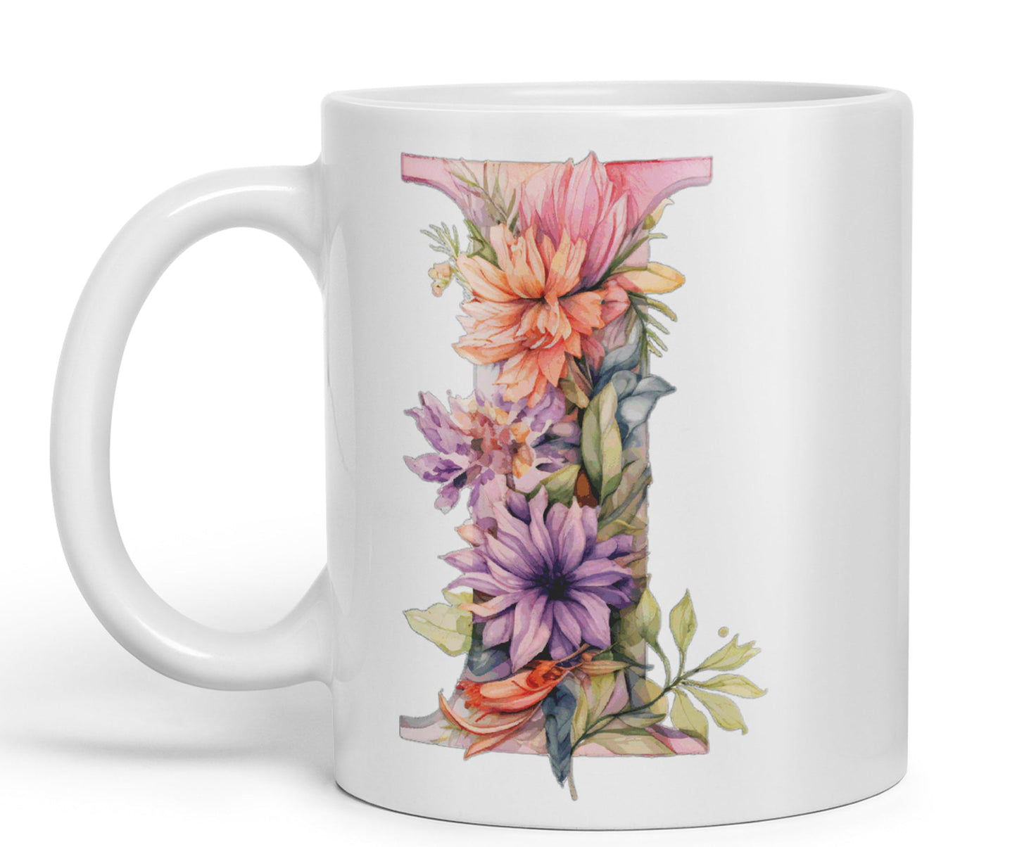 Letter I mug, Floral flowers butterfly Alphabet Letter I Monogram watercolour Ceramic Coloured Mug Cup for Tea Coffee Hot brew 330ml 11Oz Gift