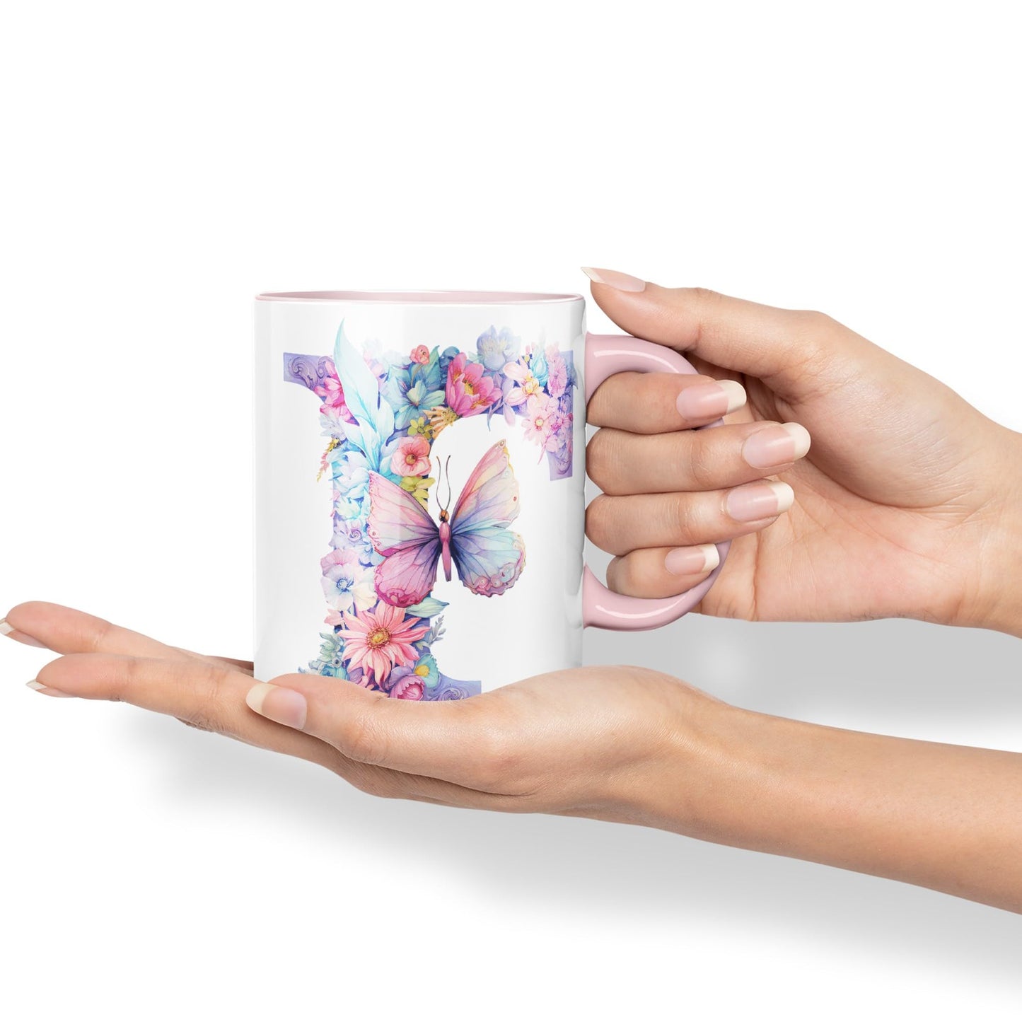 Letter F mug, Floral flowers butterfly Alphabet Letter F Monogram watercolour Ceramic Coloured Mug Cup for Tea Coffee Hot brew 330ml 11Oz Gift