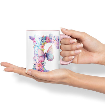 Letter F mug, Floral flowers butterfly Alphabet Letter F Monogram watercolour Ceramic Coloured Mug Cup for Tea Coffee Hot brew 330ml 11Oz Gift