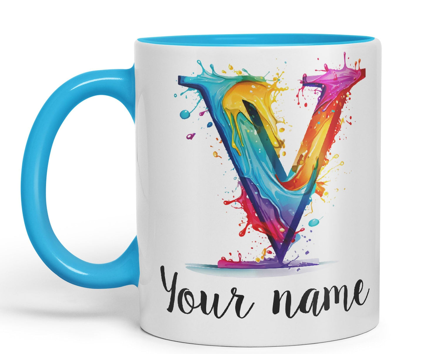 Personalised Letter V mug, Alphabet cusomized custom Letter V Monogram watercolour Ceramic Coloured Mug Cup for Tea Coffee Hot brew 330ml 11Oz Gift