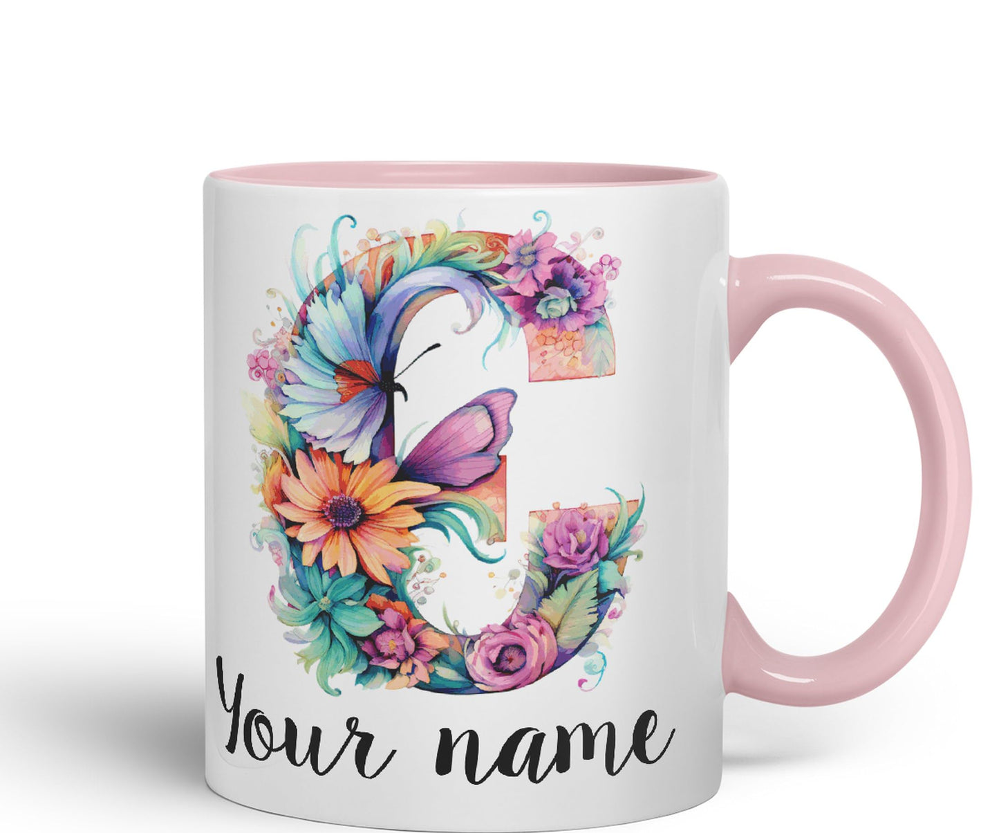 Personalised Letter C mug, Customized Custom Floral flowers butterfly Alphabet Letter C Monogram watercolour Ceramic Coloured Mug Cup for Tea Coffee Hot brew 330ml 11Oz Gift