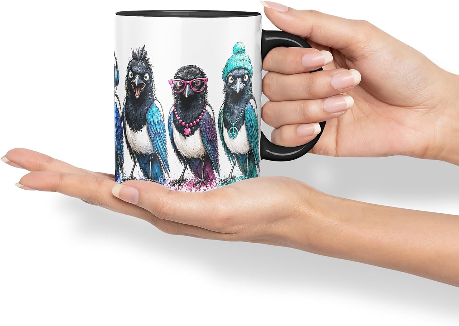 Vixar Magpie Bird Mug – Cute Magpie Bird Coloured Ceramic Mug Cup Gift, 11oz (Black)