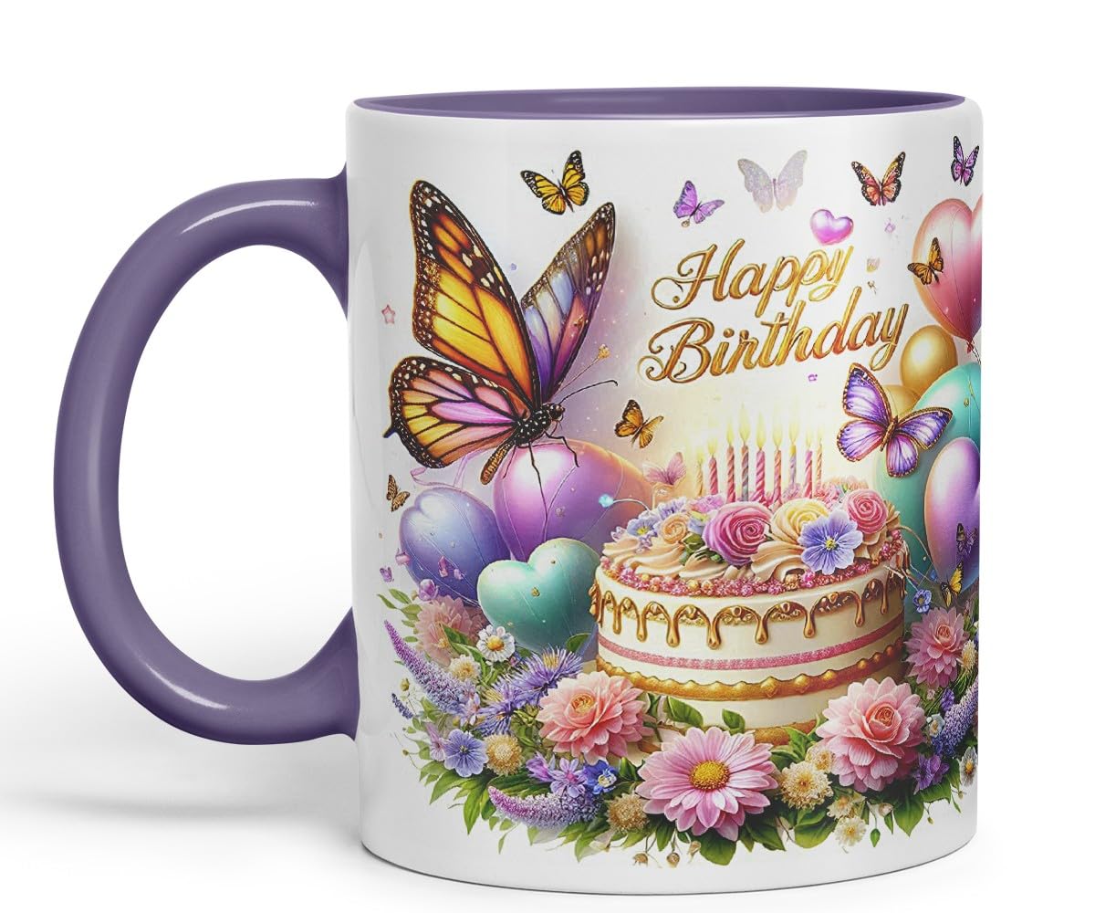 Vixar Happy Birthday Butterflies Over Cake Coloured Ceramic Mug Cup Gift 11oz V12 (Black)